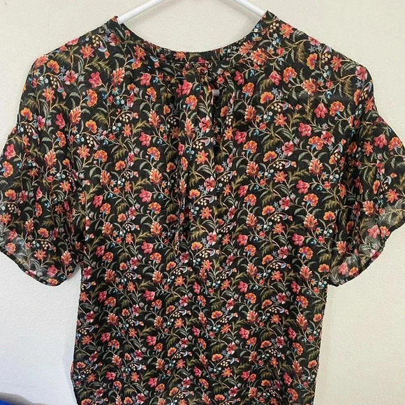 Loft floral tie back keyhole blouse black flutter sleeve top petite Small - Picture 2 of 6